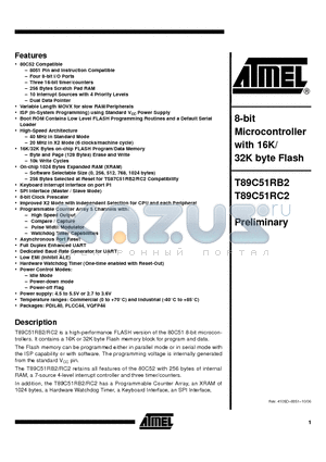 T89C51RB2 datasheet - 8-bit Microcontroller with 16K/ 32K Bytes  Flash