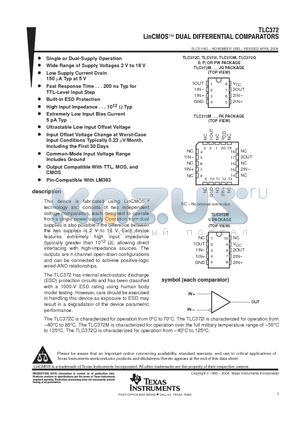 TLC372CD datasheet - LIN CMOS DUAL DIFFERENTIAL COMPARATORS