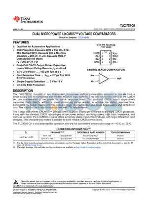 TLC3702QPWRQ1 datasheet - DUAL MICROPOWER LinCMOS VOLTAGE COMPARATORS
