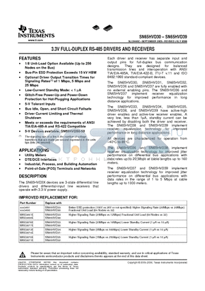 SN65HVD30DR datasheet - 3.3V FULL-DUPLEX RS-485 DRIVERS AND RECEIVERS