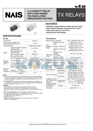 TX2-1.5V datasheet - 2 A CAPACITY RELAY WITH HIGH SURGE VOLTAGE & HIGH BREAKDOWN VOLTAGE