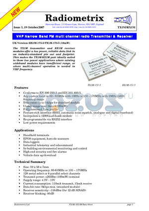 TX1I-XXX-5 datasheet - VHF Narrow Band FM multi channel radio Transmitter & Receiver