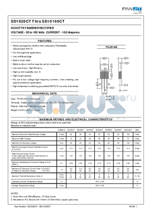 SD1020CT datasheet - SCHOTTKY BARRIER RECTIFIER(VOLTAGE - 20 to 100 Volts CURRENT - 10.0 Amperes)