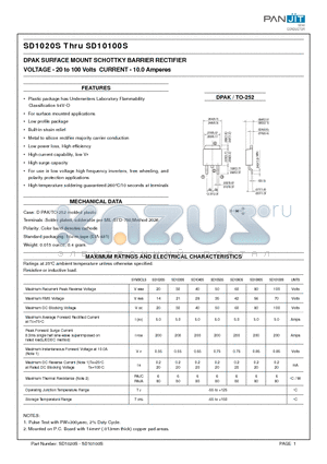 SD1020S datasheet - DPAK SURFACE MOUNT SCHOTTKY BARRIER RECTIFIER(VOLTAGE - 20 to 100 Volts CURRENT - 10.0 Amperes)