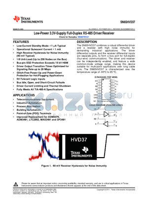 SN65HVD37 datasheet - Low-Power 3.3V-Supply Full-Duplex RS-485 Driver/Receiver