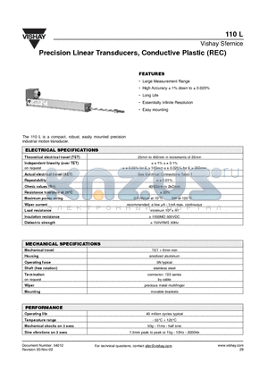 REC110L3F103W datasheet - Precision Linear Transducers, Conductive Plastic (REC)