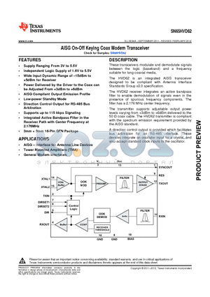 SN65HVD62 datasheet - AISG On-Off Keying Coax Modem Transceiver