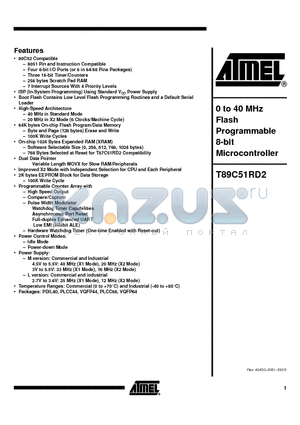 T89C51RD2-RLFIM datasheet - 0 to 40 MHz Flash Programmable 8-bit Microcontroller