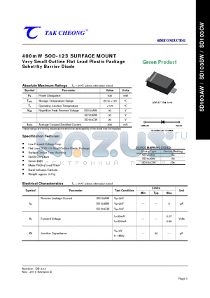 SD103AW datasheet - 400mW SOD-123 SURFACE MOUNT Very Small Outline Flat Lead Plastic Package Schottky Barrier Diode