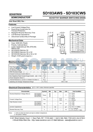 SD103AWS datasheet - SCHOTTKY BARRIER SWITCHING DIODE