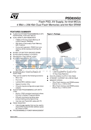 PSD835G2-70UT datasheet - Flash PSD, 5V Supply, for 8-bit MCUs 4 Mbit  256 Kbit Dual Flash Memories and 64 Kbit SRAM