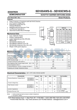 SD103AWS-G datasheet - SCHOTTKY BARRIER SWITCHING DIODE