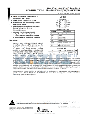 SN65LBC031 datasheet - HIGH-SPEED CONTROLLER AREA NETWORK (CAN) TRANSCEIVERS