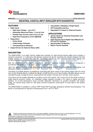 SN65HVS881 datasheet - INDUSTRIAL 8-DIGITAL-INPUT SERIALIZER WITH DIAGNOSTICS