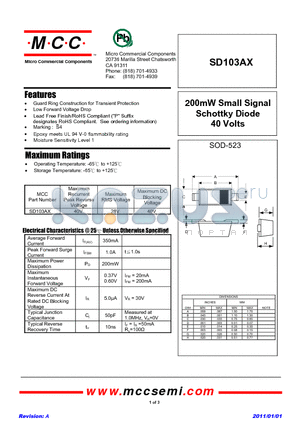 SD103AX datasheet - 200mW Small Signal Schottky Diode 40 Volts