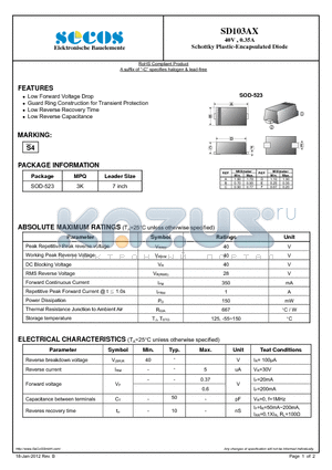 SD103AX datasheet - 40V , 0.35A Schottky Plastic-Encapsulated Diode