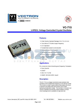 VC-715-DFC-GFL19.440 datasheet - LVPECL Voltage Controlled Crystal Oscillator