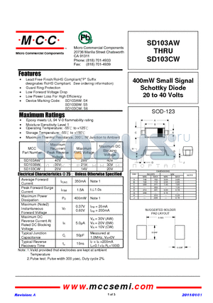 SD103BW datasheet - 400mW Small Signal Schottky Diode 20 to 40 Volts