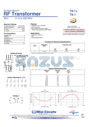 T9-1+ datasheet - RF Transformer