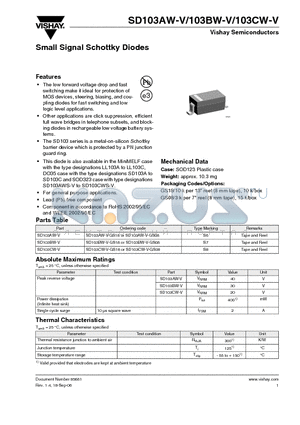 SD103BW-V-GS18 datasheet - Small Signal Schottky Diodes