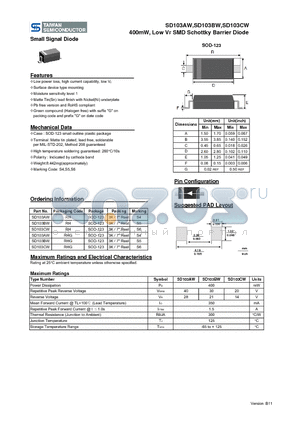 SD103BWRHG datasheet - 400mW, Low VF SMD Schottky Barrier Diode