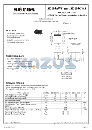 SD103BWS datasheet - 0.35AMP Surf ace Mount Schottky Barrier Rectifiers