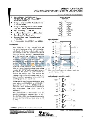 SN65LBC175 datasheet - QUADRUPLE LOW-POWER DIFFERENTIAL LINE RECEIVERS