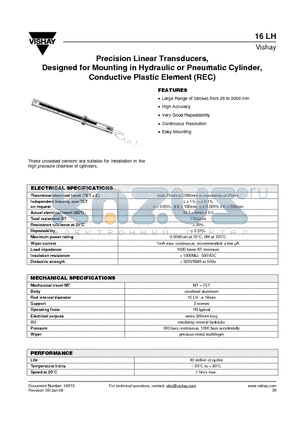 REC16LH4F152W datasheet - Precision Linear Transducers, Designed for Mounting in Hydraulic or Pneumatic Cylinder, Conductive Plastic Element (REC)