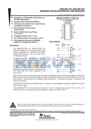 SN65LBC175AD datasheet - QUADRUPLE RS-485 DIFFERENTIAL LINE RECEIVERS