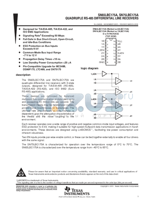 SN65LBC175ADG4 datasheet - QUADRUPLE RS-485 DIFFERENTIAL LINE RECEIVERS
