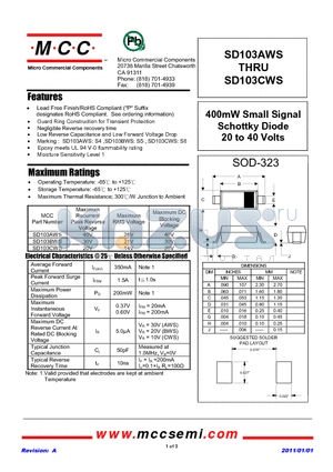 SD103BWS datasheet - 400mW Small Signal Schottky Diode 20 to 40 Volts