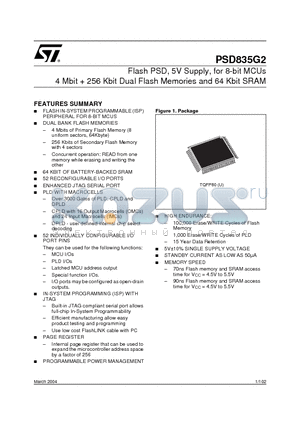 PSD835G2V-70UT datasheet - Flash PSD, 5V Supply, for 8-bit MCUs 4 Mbit  256 Kbit Dual Flash Memories and 64 Kbit SRAM