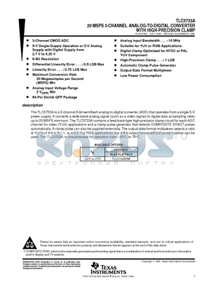 TLC5733A datasheet - 20 MSPS 3-CHANNEL ANALOG-TO-DIGITAL CONVERTER WITH HIGH-PRECISION CLAMP