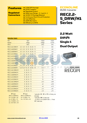 REC2.2-0509DRW/H1 datasheet - 2.2 Watt DIP24 Single & Dual Output