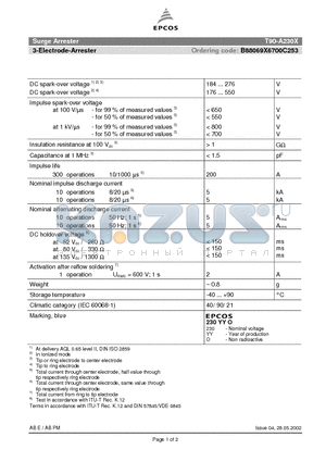 T90-A230X datasheet - SURGE ARRESTER 3-electrode arrester