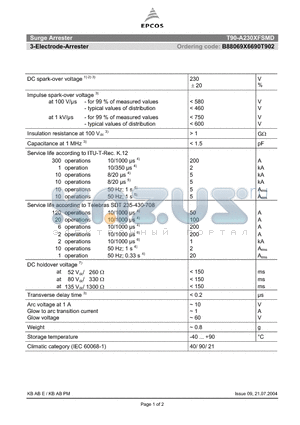 T90-A230XFSMD datasheet - SURGE ARRESTER 3-electrode arrester