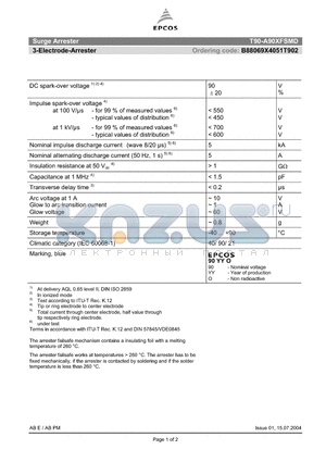 T90-A90XFSMD datasheet - SURGE ARRESTER 2-electrode arrester