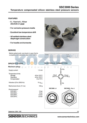 SSC3016GA datasheet - Temperature compensated silicon stainless steel pressure sensors