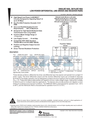 SN65LBC180A datasheet - LOW POWER DIFFERENTIAL LINE DRIVER AND RECEIVER PAIRS