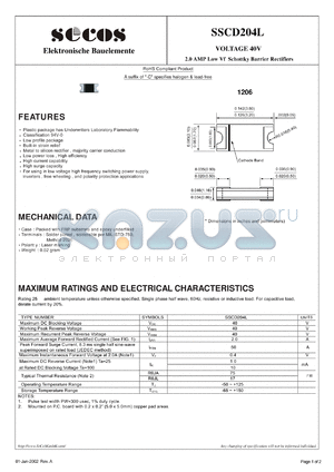 SSCD204L datasheet - 2.0 AMP Low Vf Schottky Barrier Rectifiers