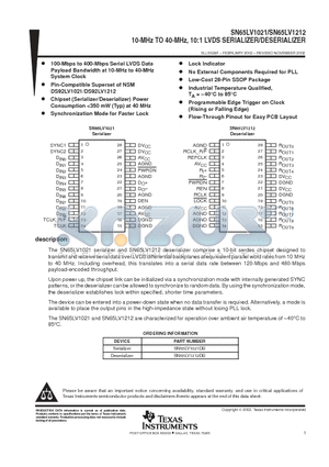 SN65LV1021 datasheet - 10-MHz TO 40-MHz, 10:1 LVDS SERIALIZER/DESERIALIZER