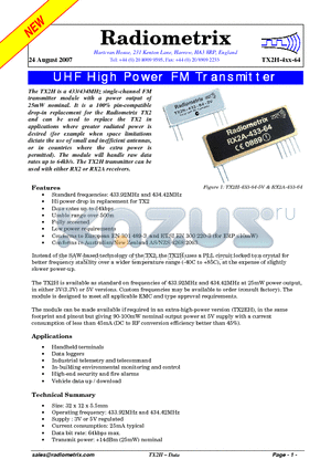 TX2EH-434-64-5V datasheet - UHF High Power FM Transmitter