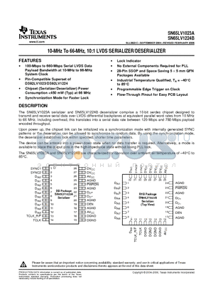 SN65LV1023ADBG4 datasheet - 10-MHz To 66-MHz, 10:1 LVDS SERIALIZER/DESERIALIZER