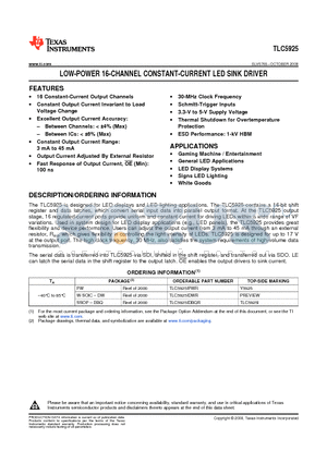 TLC5925IDBQRG4 datasheet - LOW-POWER 16-CHANNEL CONSTANT-CURRENT LED SINK DRIVER