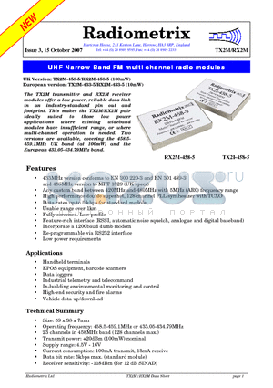 TX2M-458-10 datasheet - UHF Narrow Band FM multi channel radio modules