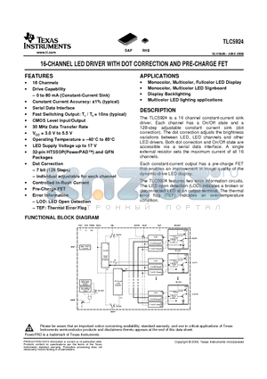 TLC5924 datasheet - 16-CHANNEL LED DRIVER WITH DOT CORRECTION AND PRE-CHARGE FET