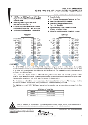 SN65LV1212 datasheet - 10-MHz TO 40-MHz, 10:1 LVDS SERIALIZER/DESERIALIZER