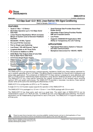 SN65LVCP114ZJA datasheet - 14.2-Gbps Quad 1:2-2:1 MUX, Linear-Redriver With Signal Conditioning