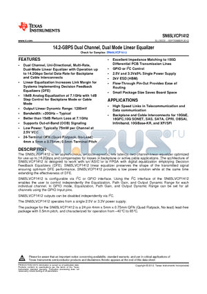 SN65LVCP1412RLHR datasheet - 14.2-GBPS Dual Channel, Dual Mode Linear Equalizer