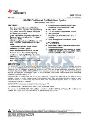 SN65LVCP1412RLHT datasheet - 14.2-GBPS Dual Channel, Dual Mode Linear Equalizer